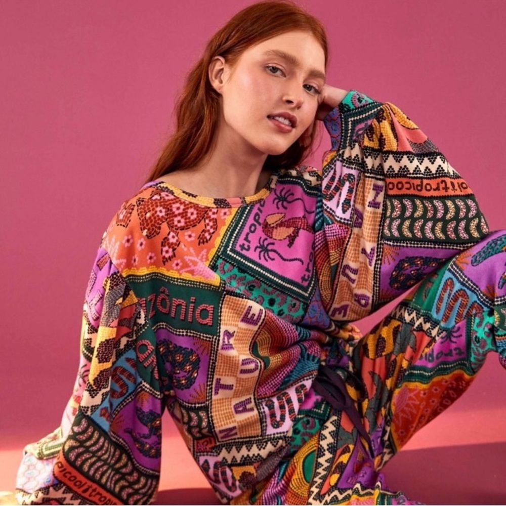 FARM Rio Vibrant Patchwork Crewneck Sweatshirt in Pink, Purple, Green & Orange
